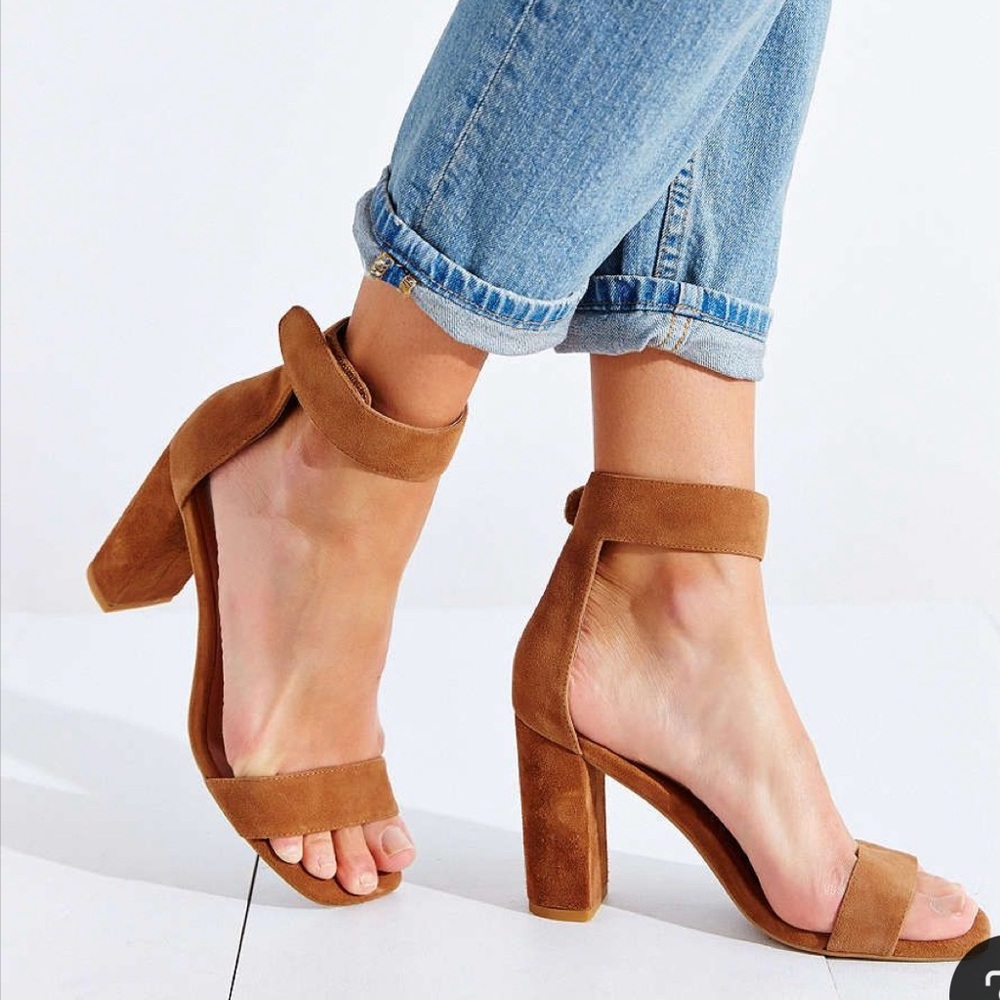 Jeffery Campbell Holvey ankle strap suede heels, tan/camel, size 8
